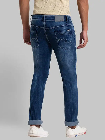 Men Blue Slim Tapered Fit Jacquard Cotton Blend Jeans