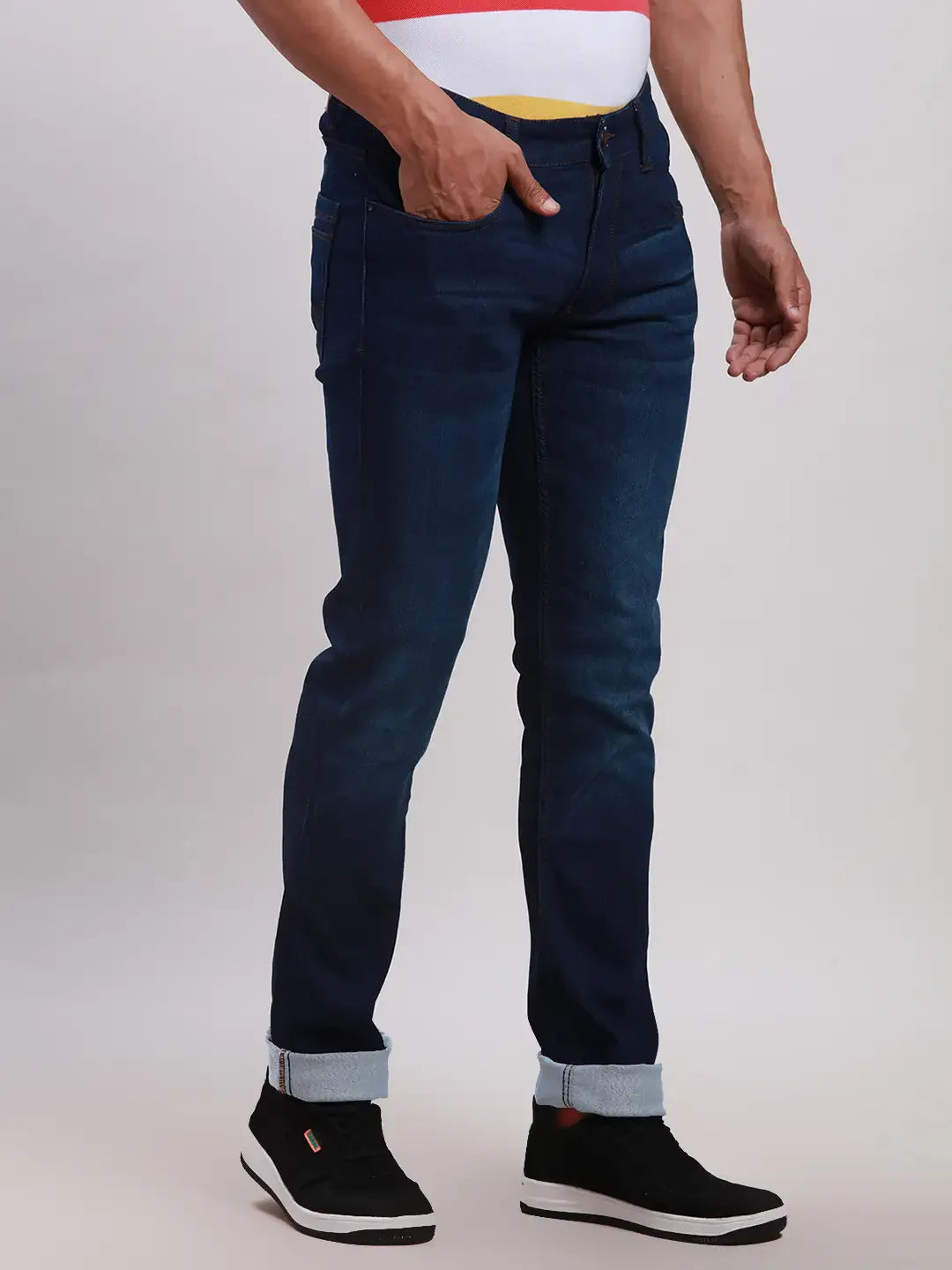 Parx Men Blue Plain Slim Tapered Fit Cotton Blend Jeans