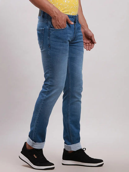 Men Blue Slim Tapered Fit Plain Cotton Blend Jeans
