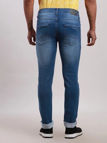 Men Blue Slim Tapered Fit Plain Cotton Blend Jeans