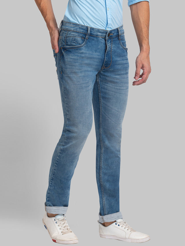 Parx Blue Plain Slim Tapered Fit Cotton Blend Jeans