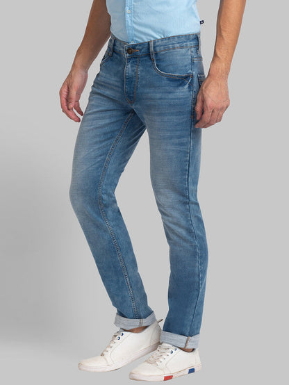 Parx Blue Plain Slim Tapered Fit Cotton Blend Jeans