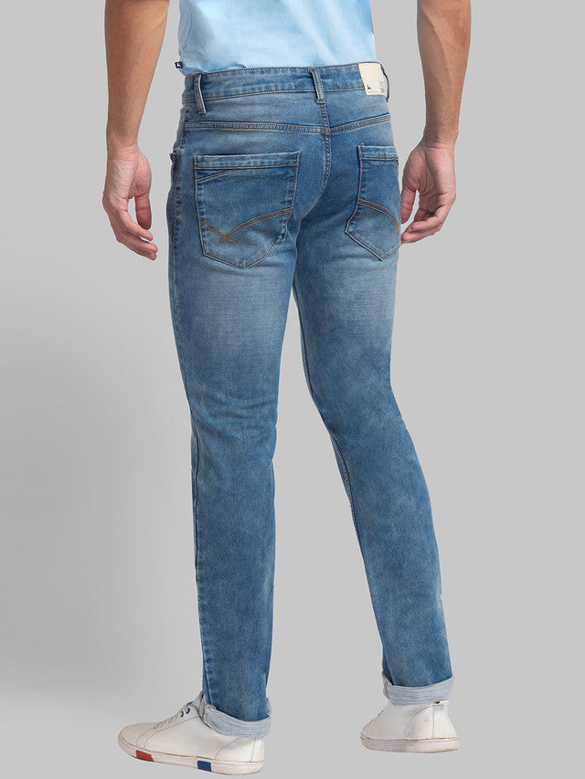 Parx Blue Plain Slim Tapered Fit Cotton Blend Jeans