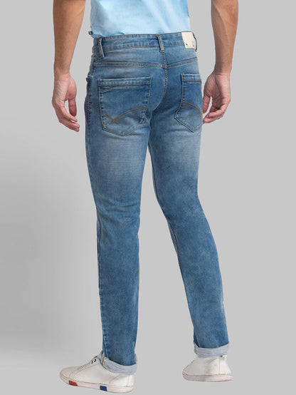 Parx Blue Plain Slim Tapered Fit Cotton Blend Jeans