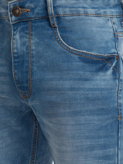 Parx Blue Plain Slim Tapered Fit Cotton Blend Jeans