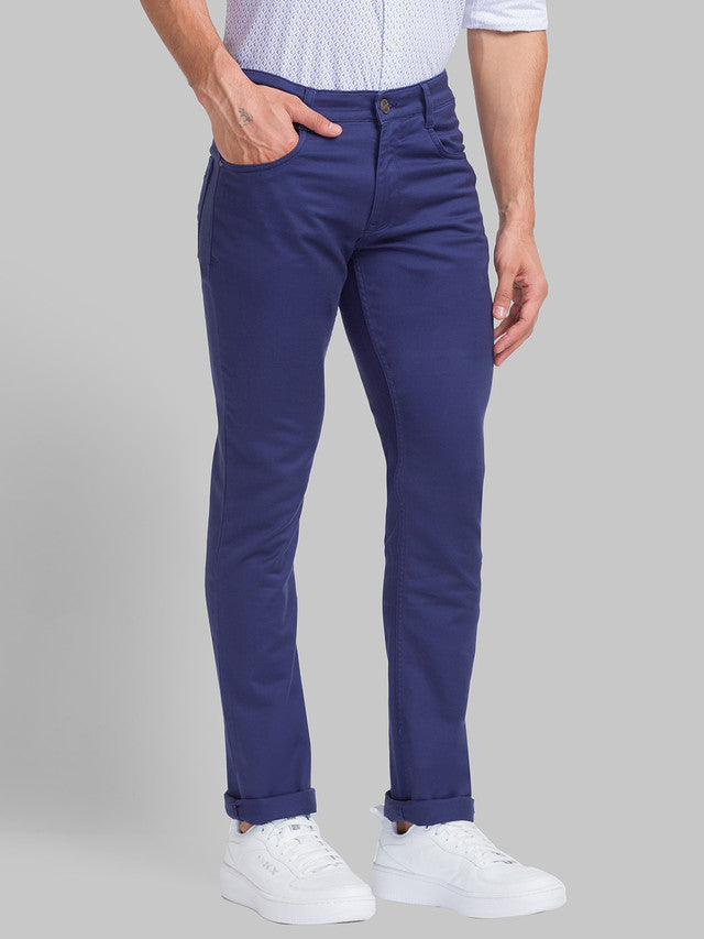 Parx Blue Dobby Slim Tapered Fit Cotton Blend Jeans