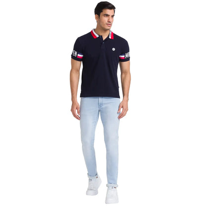 Men Blue Slim Tapered Fit Dobby Cotton Blend Jeans