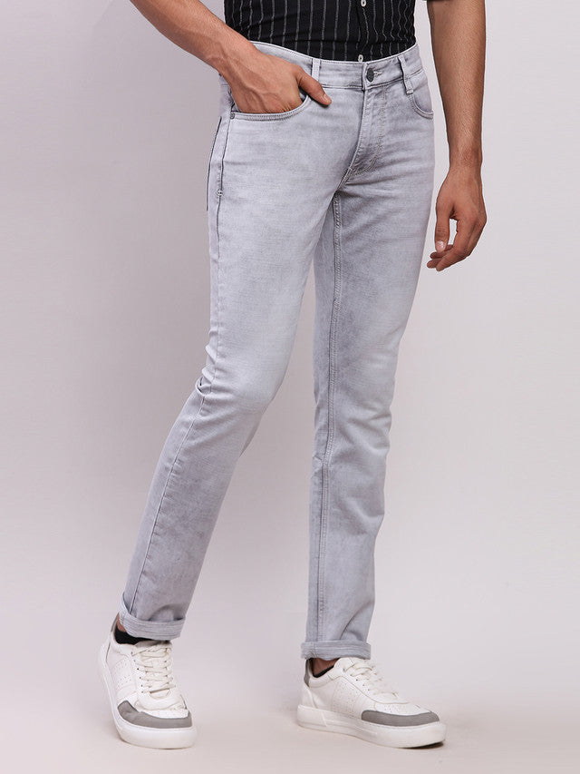 Parx Grey Knitted Low Rise Tapered Fit Cotton Blend Jeans