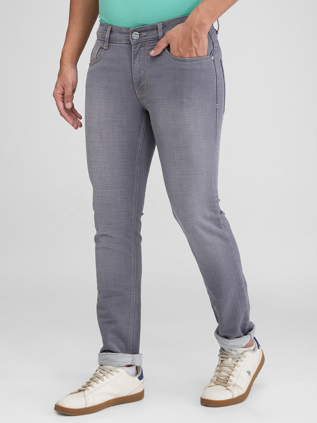 Parx Grey Knitted Low Rise Tapered Fit Cotton Blend Jeans