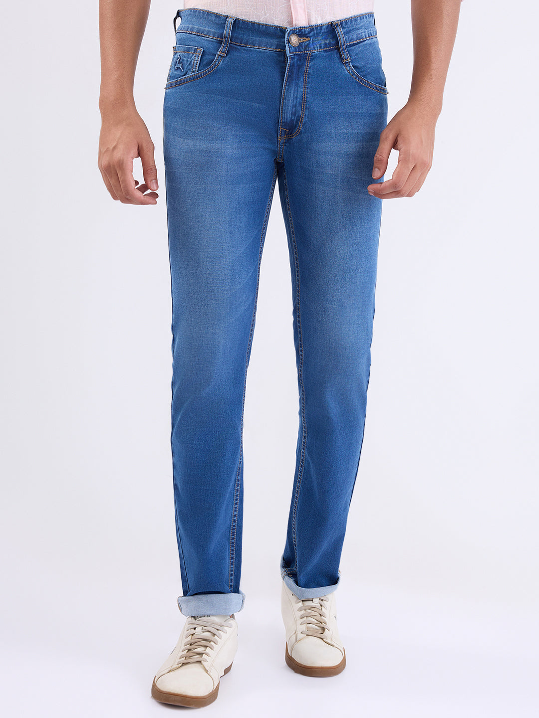 Parx Men Blue Twill Low Rise Tapered Fit Cotton Blend Jeans