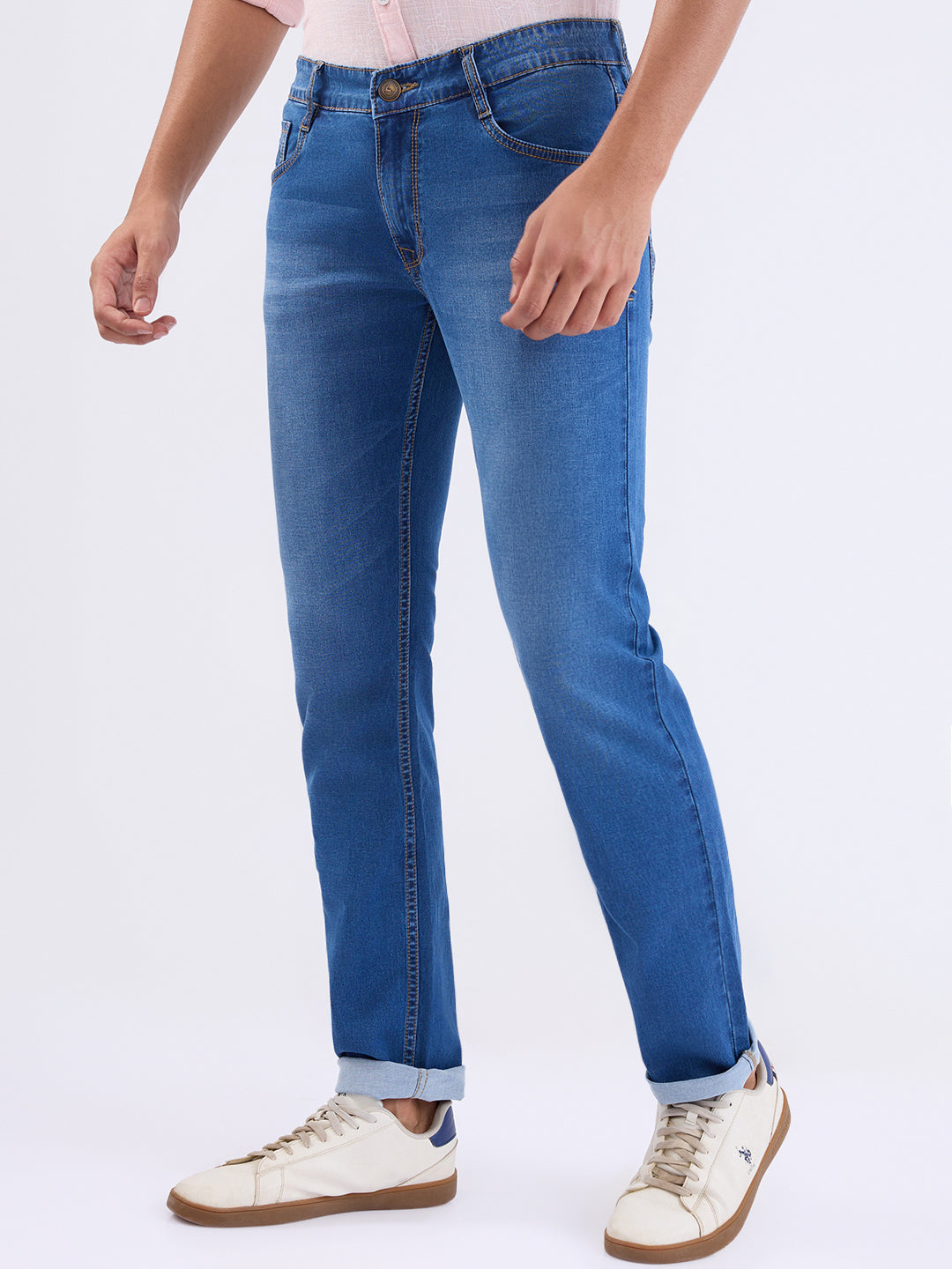 Parx Men Blue Twill Low Rise Tapered Fit Cotton Blend Jeans