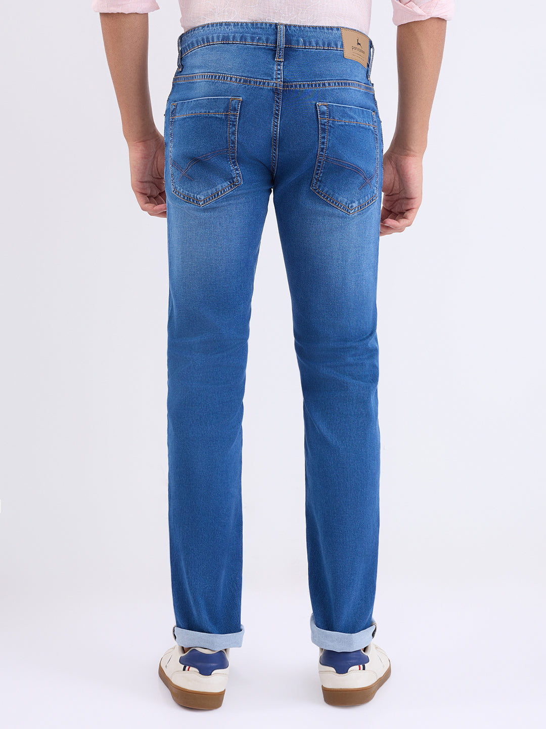 Parx Men Blue Twill Low Rise Tapered Fit Cotton Blend Jeans