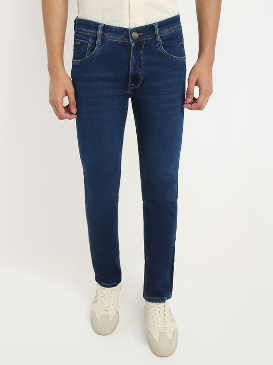 Parx Men Blue Dobby Low Rise Tapered Fit Cotton Blend Jeans