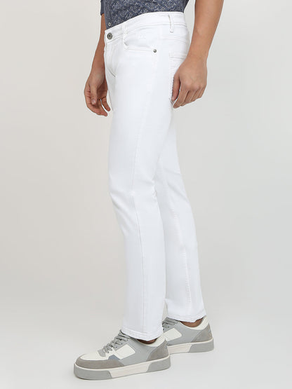 Parx Men White Knitted Low Rise Tapered Fit Cotton Blend Jeans