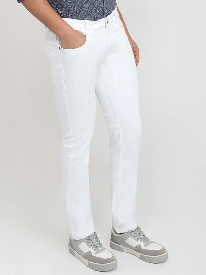 Parx Men White Knitted Low Rise Tapered Fit Cotton Blend Jeans
