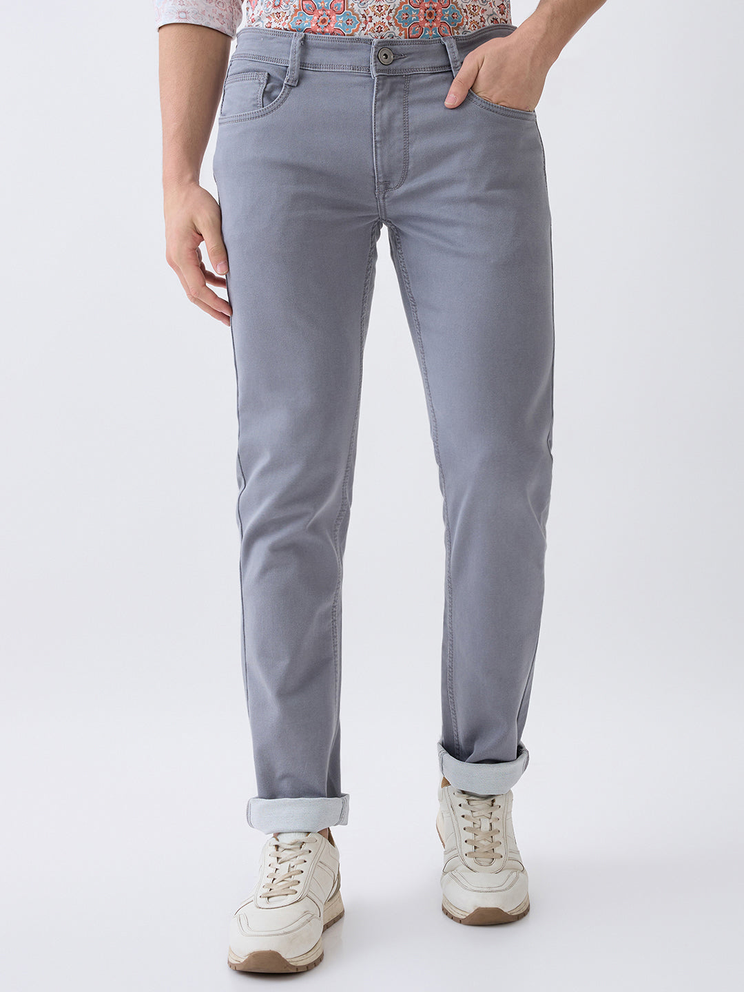 Parx Men Grey Knitted Low Rise Tapered Fit Cotton Blend Jeans