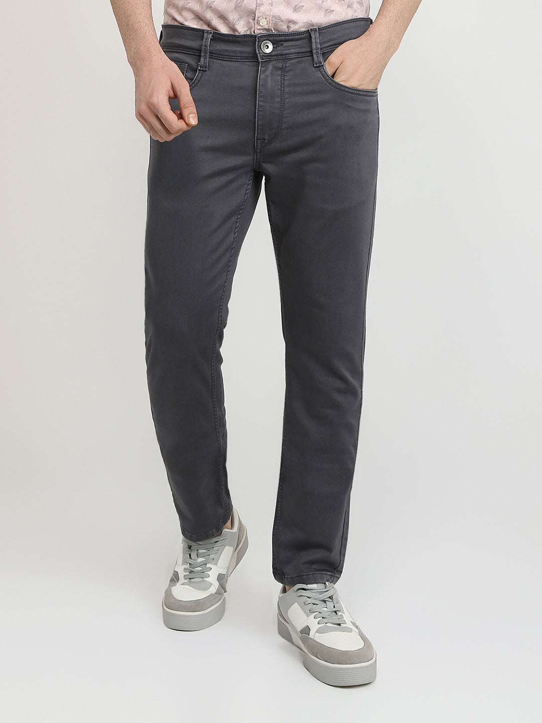 Parx Men Grey Knitted Low Rise Tapered Fit Cotton Blend Jeans