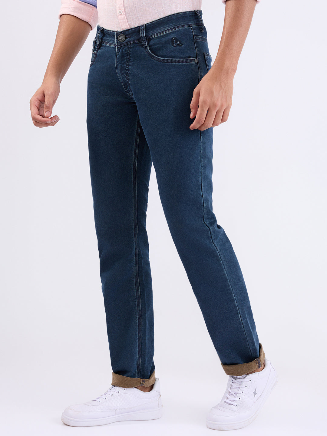 Parx Men Blue Knitted Low Rise Tapered Fit Cotton Blend Jeans