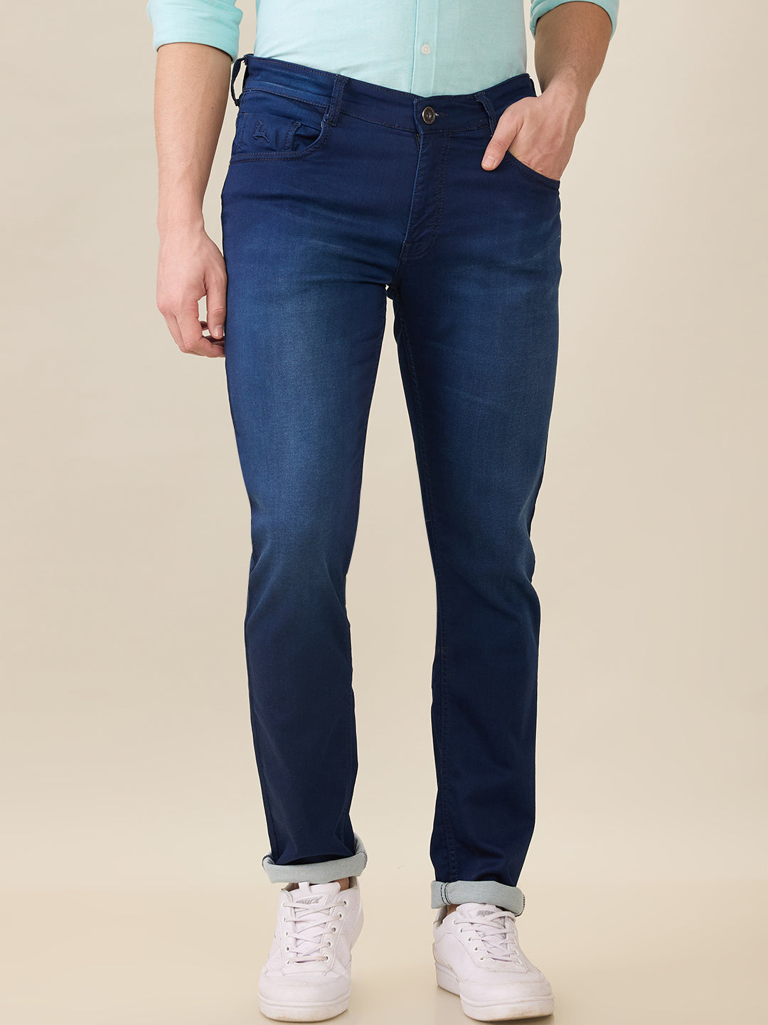 Parx Men Blue Knitted Low Rise Tapered Fit Cotton Blend Jeans