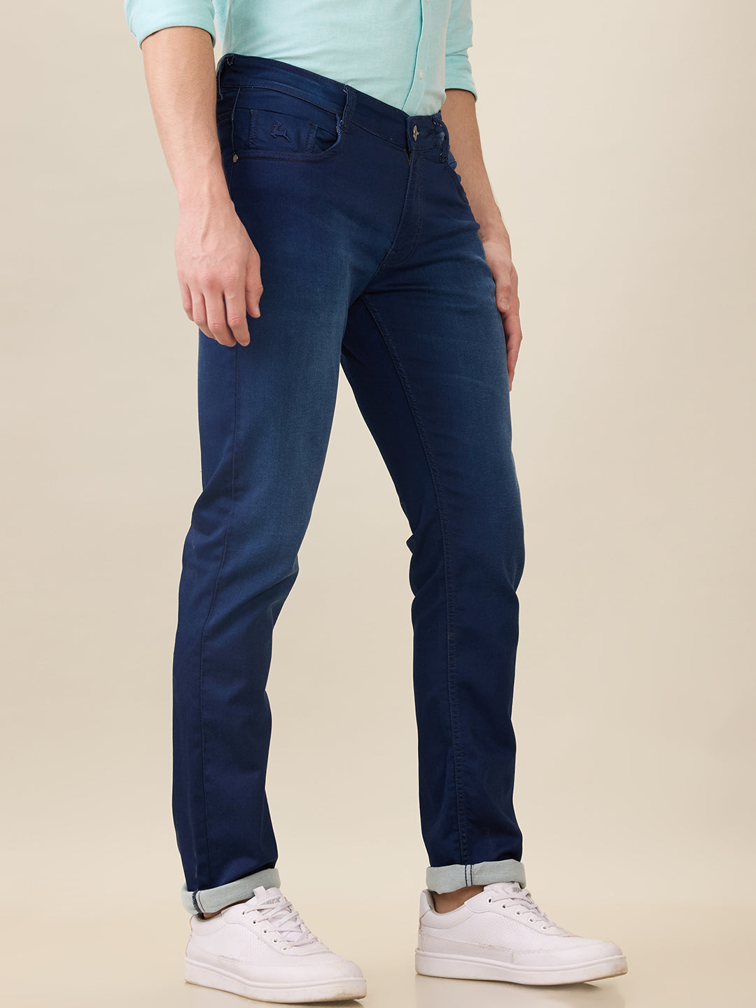 Parx Men Blue Knitted Low Rise Tapered Fit Cotton Blend Jeans