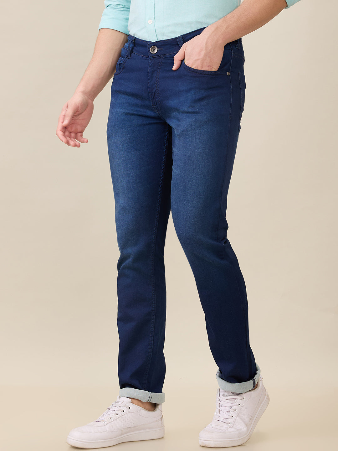 Parx Men Blue Knitted Low Rise Tapered Fit Cotton Blend Jeans