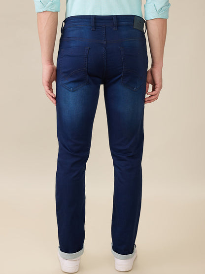 Parx Men Blue Knitted Low Rise Tapered Fit Cotton Blend Jeans