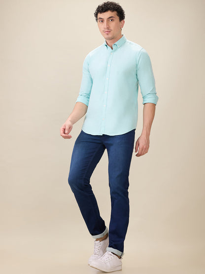 Parx Men Blue Knitted Low Rise Tapered Fit Cotton Blend Jeans