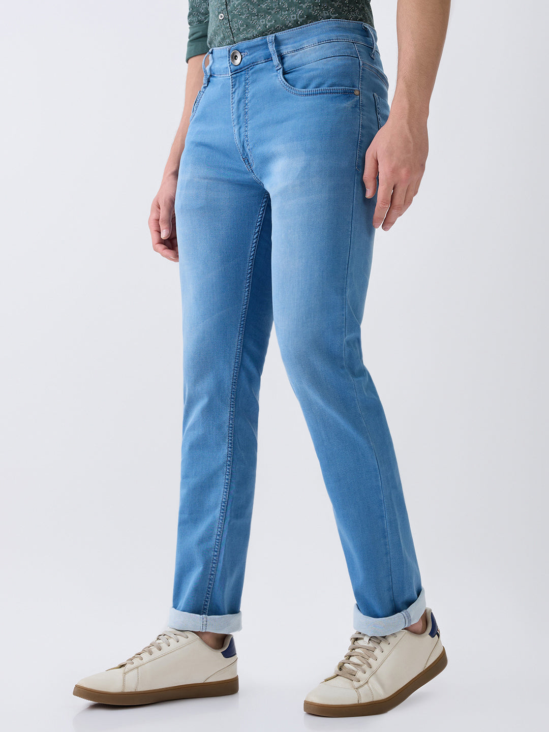 Parx Men Blue Knitted Low Rise Tapered Fit Cotton Blend Jeans