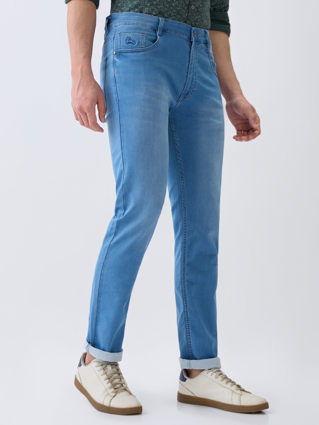 Parx Men Blue Knitted Low Rise Tapered Fit Cotton Blend Jeans