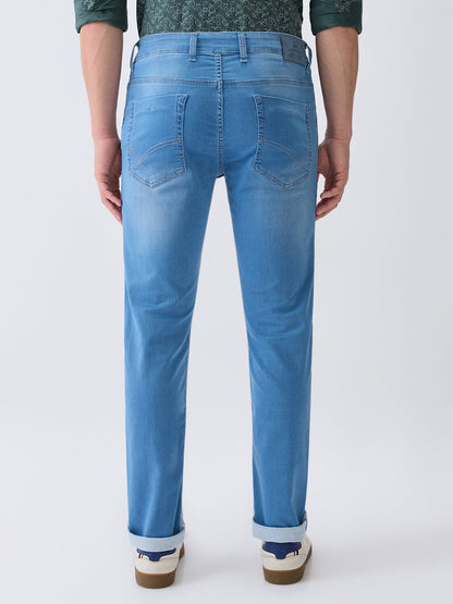 Parx Men Blue Knitted Low Rise Tapered Fit Cotton Blend Jeans