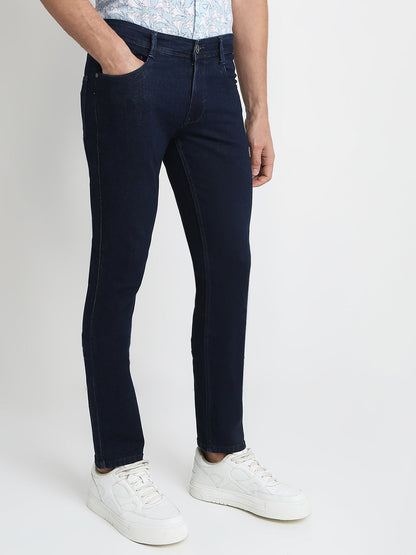 Parx Men Blue Twill Low Rise Tapered Fit Cotton Blend Jeans