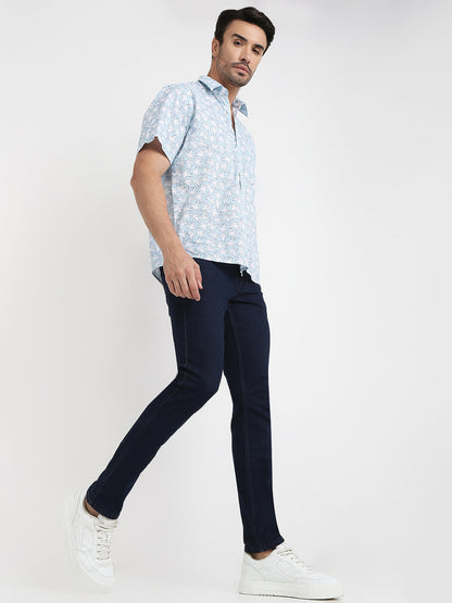 Parx Men Blue Twill Low Rise Tapered Fit Cotton Blend Jeans