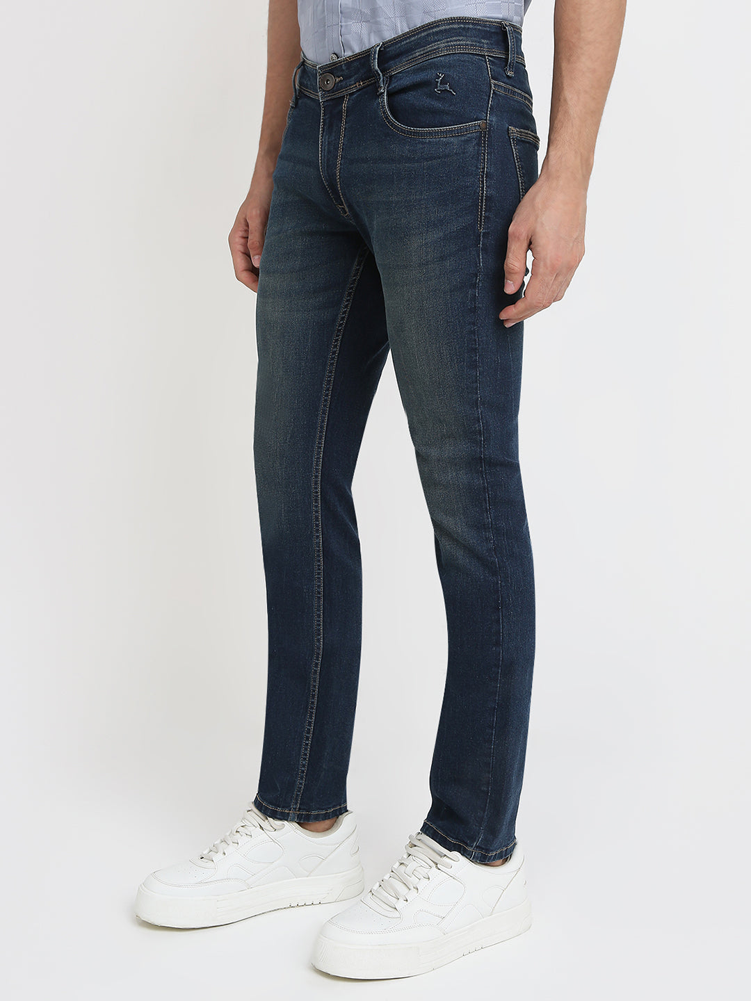 Parx Men Blue Twill Low Rise Tapered Fit Cotton Blend Jeans