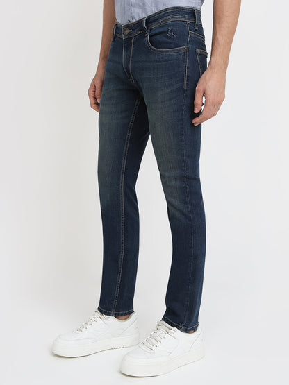 Parx Men Blue Twill Low Rise Tapered Fit Cotton Blend Jeans