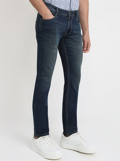 Parx Men Blue Twill Low Rise Tapered Fit Cotton Blend Jeans