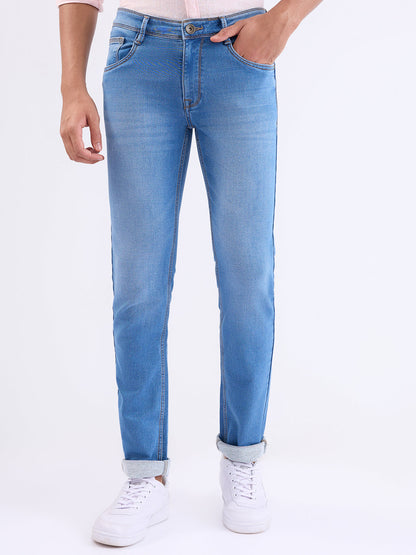 Parx Men Blue Knitted Low Rise Tapered Fit Cotton Blend Jeans