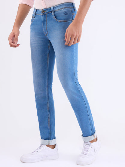 Parx Men Blue Knitted Low Rise Tapered Fit Cotton Blend Jeans