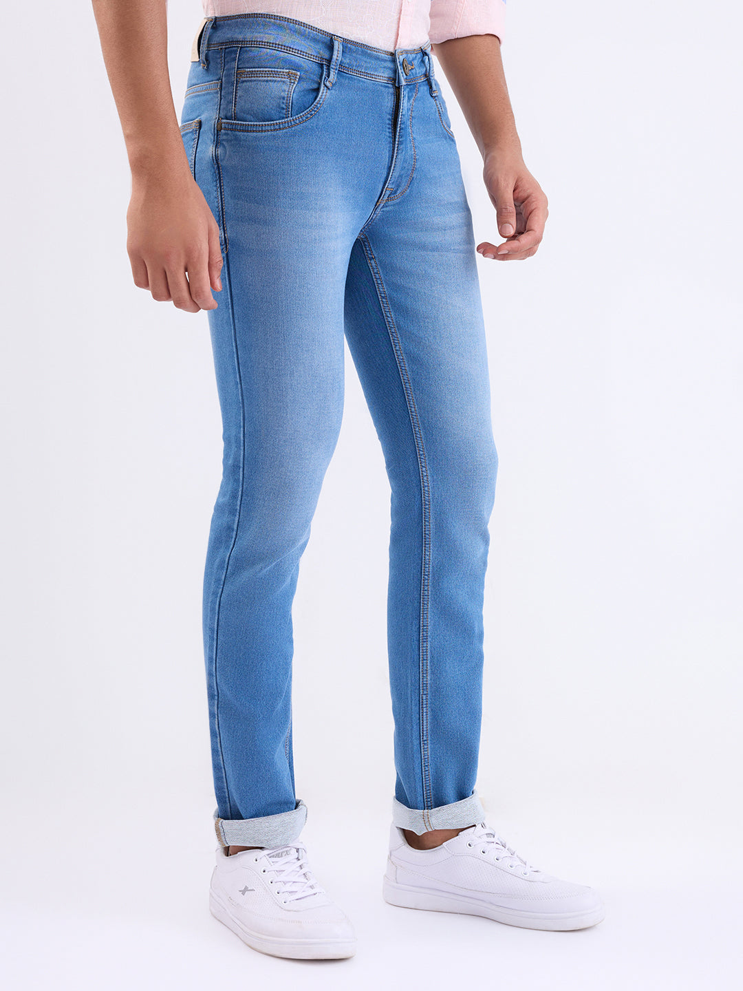 Parx Men Blue Knitted Low Rise Tapered Fit Cotton Blend Jeans