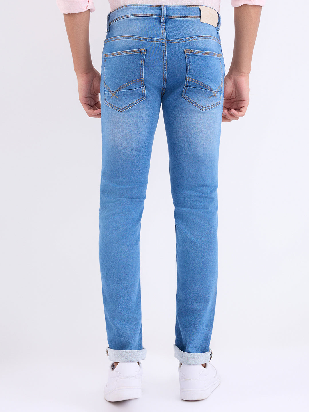 Parx Men Blue Knitted Low Rise Tapered Fit Cotton Blend Jeans