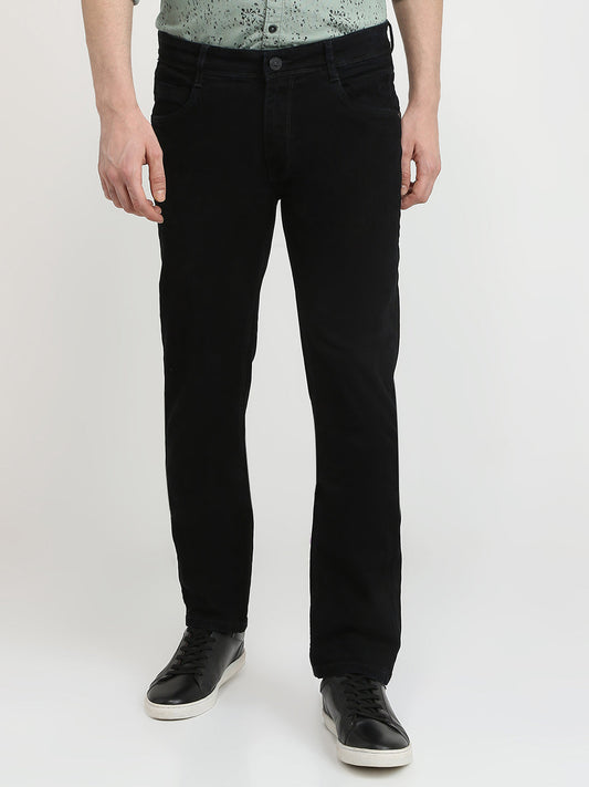 Parx Men Black Dobby Low Rise Tapered Fit Cotton Blend Jeans