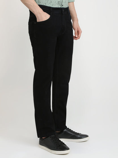 Parx Men Black Dobby Low Rise Tapered Fit Cotton Blend Jeans