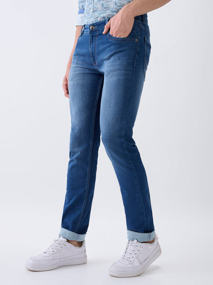 Parx Men Blue Knitted Low Rise Tapered Fit Cotton Blend Jeans