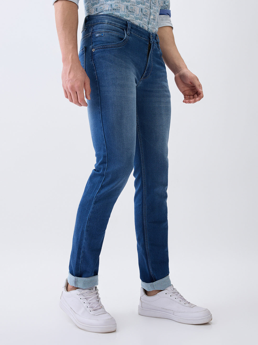 Parx Men Blue Knitted Low Rise Tapered Fit Cotton Blend Jeans