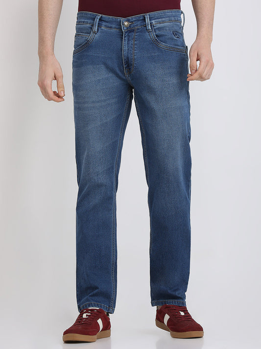 Parx Men Blue Knitted Low Rise Tapered Fit Cotton Blend Jeans