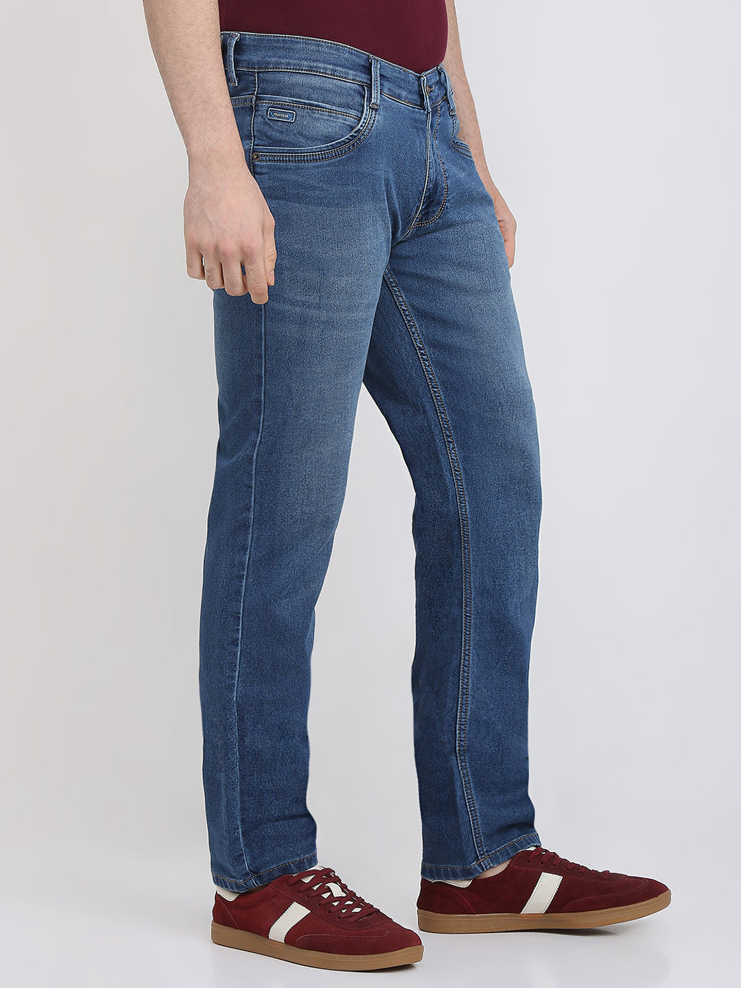 Parx Men Blue Knitted Low Rise Tapered Fit Cotton Blend Jeans