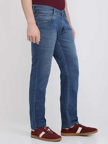 Parx Men Blue Knitted Low Rise Tapered Fit Cotton Blend Jeans