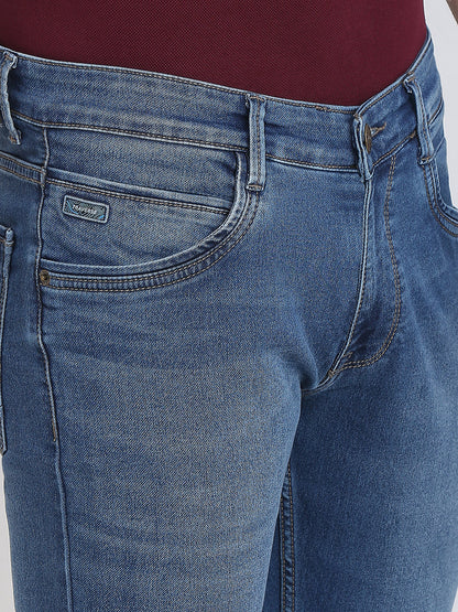 Parx Men Blue Knitted Low Rise Tapered Fit Cotton Blend Jeans