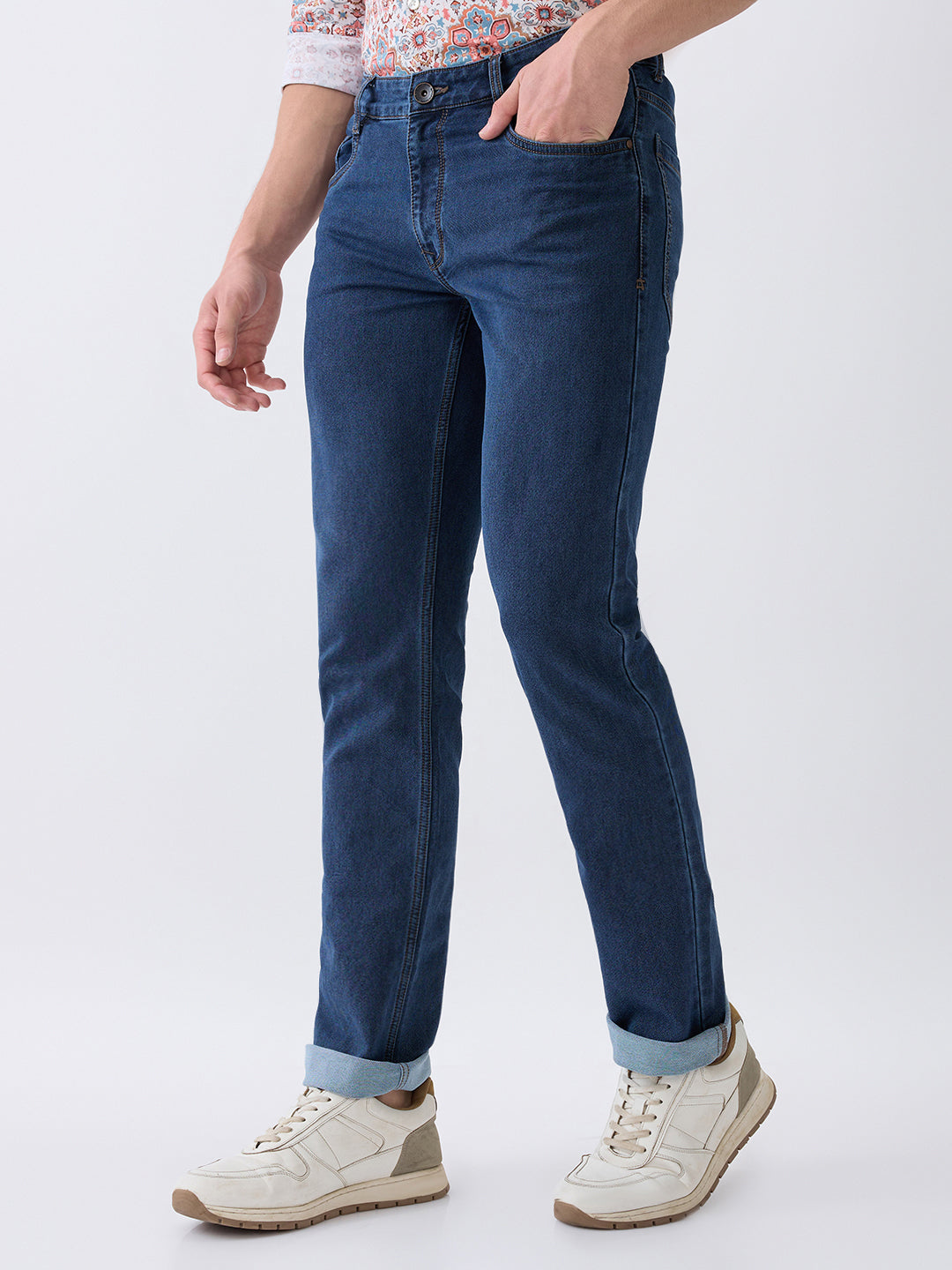 Parx Men Blue Knitted Low Rise Tapered Fit Cotton Blend Jeans