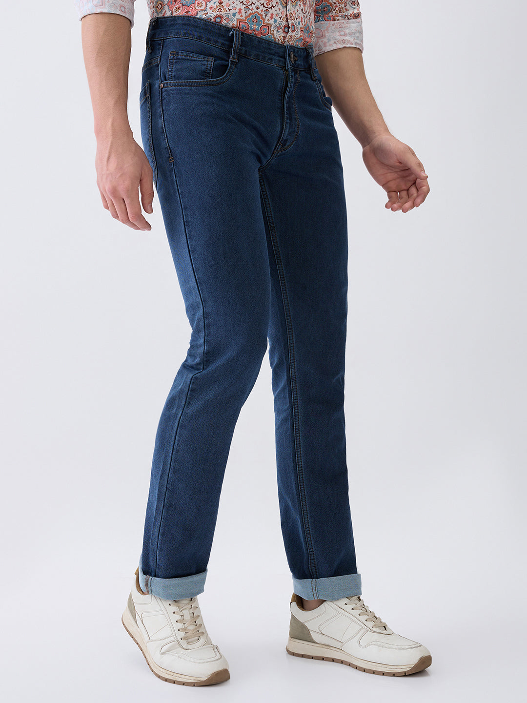 Parx Men Blue Knitted Low Rise Tapered Fit Cotton Blend Jeans