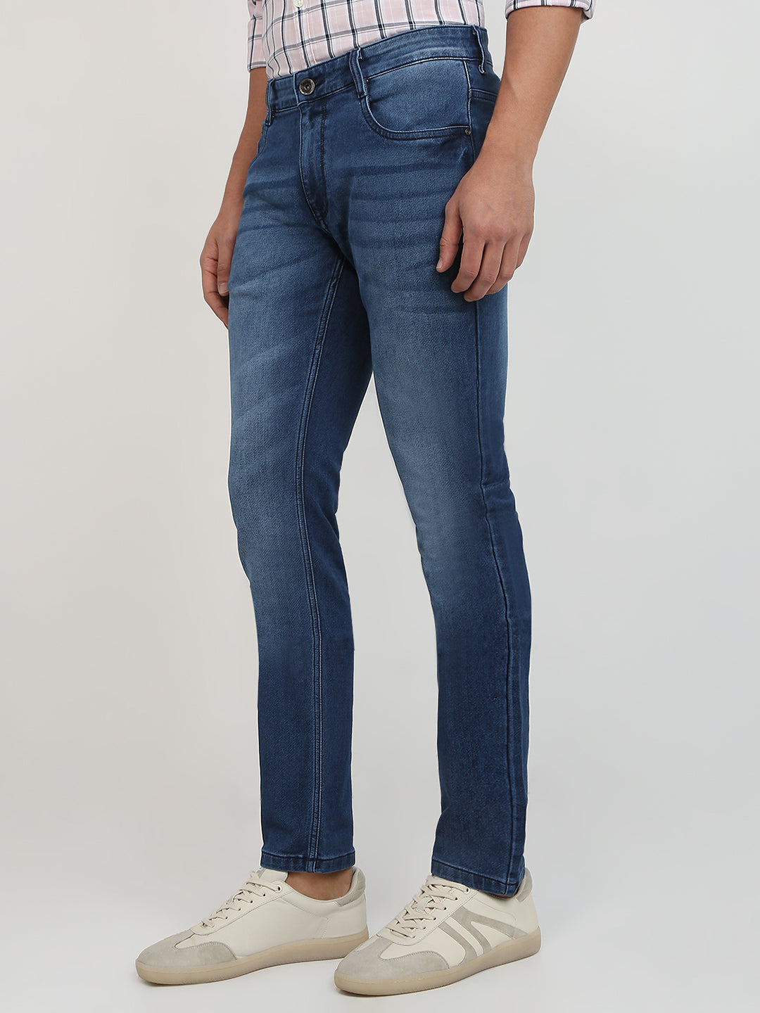 Parx Men Blue Knitted Low Rise Tapered Fit Cotton Blend Jeans